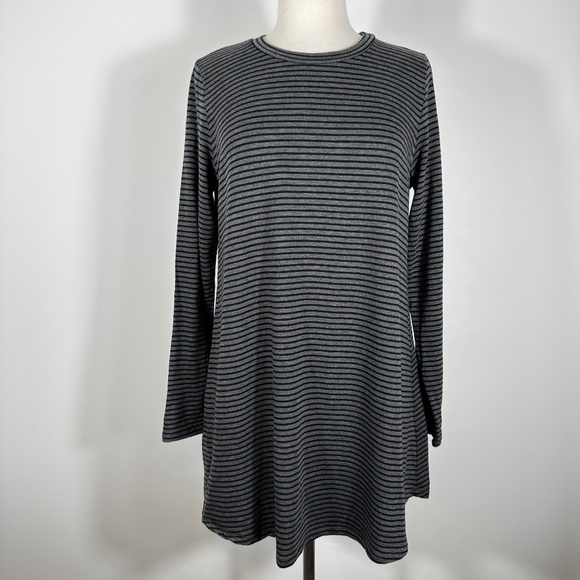 Eileen Fisher Gray Black Striped Long Sleeve Top Mini Dress Tencel Crew Neck M - Picture 1 of 8